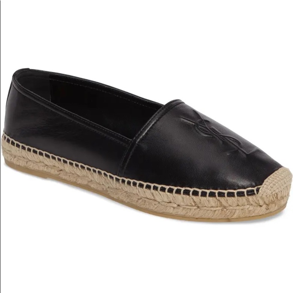 YSL Saint Laurent Logo Leather Espadrilles Slip-on Shoe Size 37.5 Black